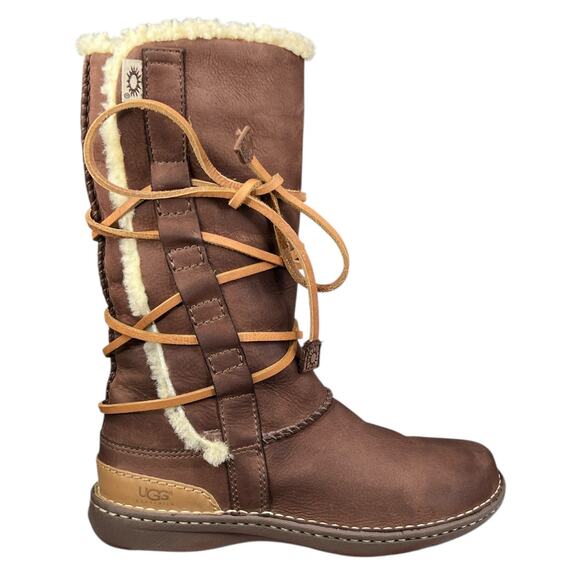 UGG Women’s Catalina Brown Leather Lace Up Lined Winter Boot Size US 8 - Picture 1 of 10